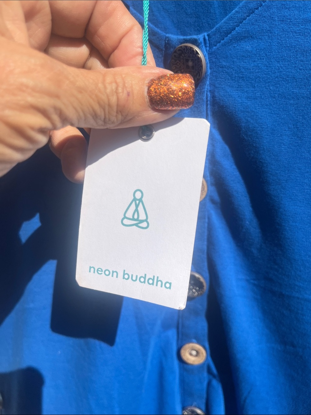 neon buddha Bright Blue Button-Front V-Neck Top - Picture 6 of 10